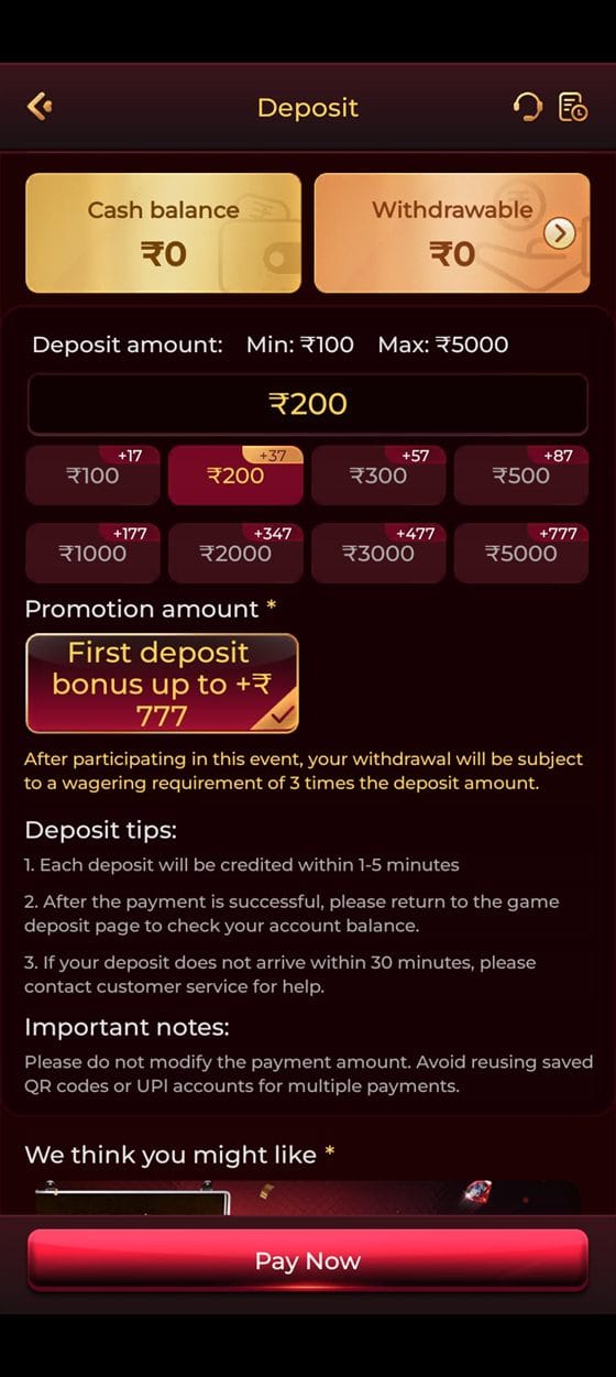 TopOne Game deposit screen with amount presets, a first-deposit bonus toggle and a Pay Now button