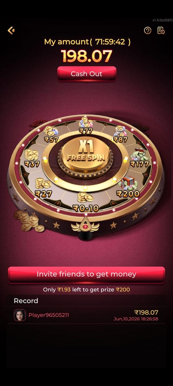 TopOne app promotional free-spin wheel with a cash-out button and record list