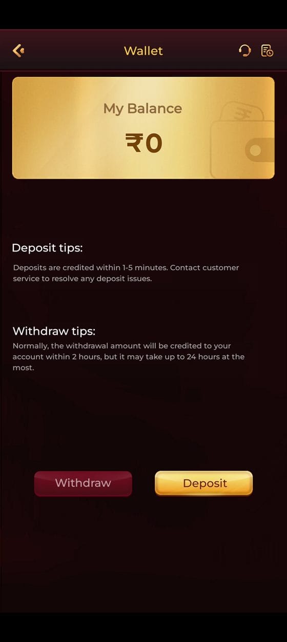 TopOne Game wallet screen with My Balance card, deposit and withdraw tips