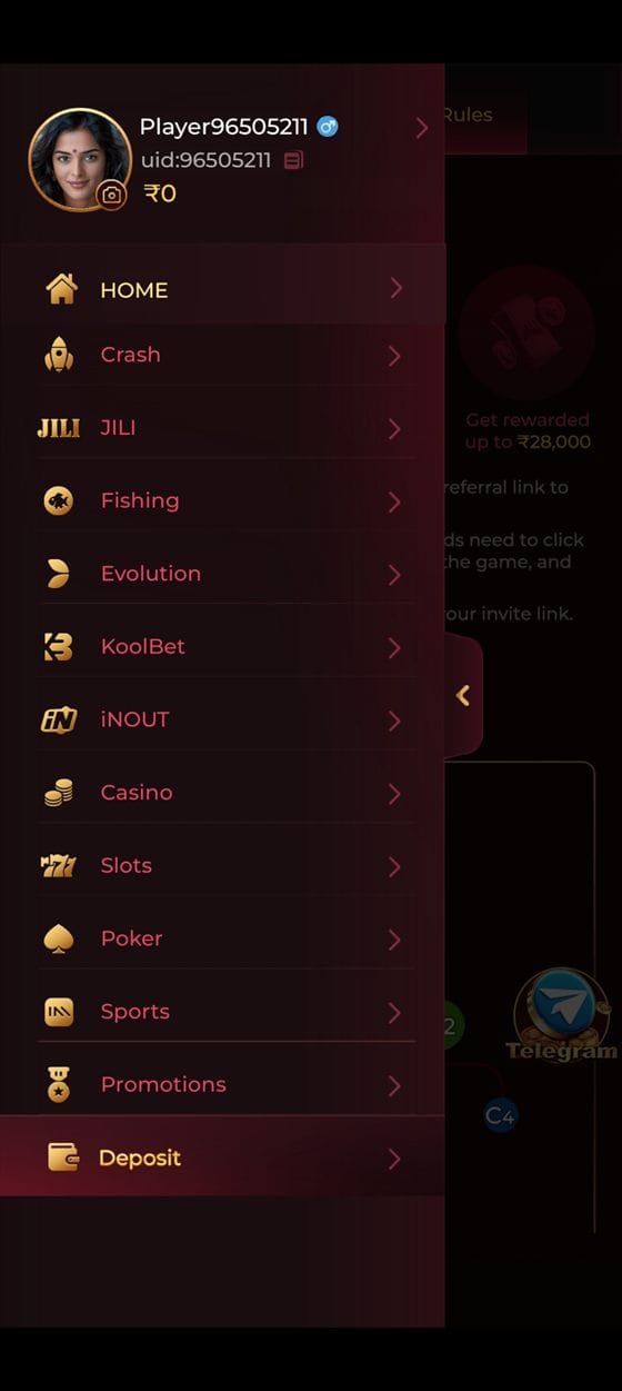 TopOne app side menu with player profile and category links for Crash, JILI, Fishing, Evolution, Casino, Slots, Poker and Sports