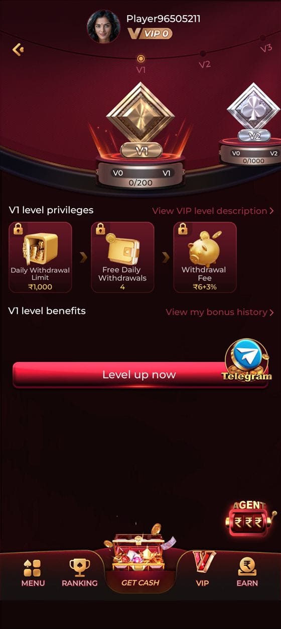 TopOne Game VIP level page showing V1 privileges such as daily withdrawal limit and free withdrawals