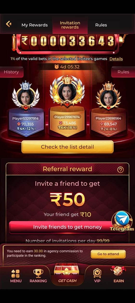 TopOne app invitation rewards page with agent commission counter, leaderboard and referral reward