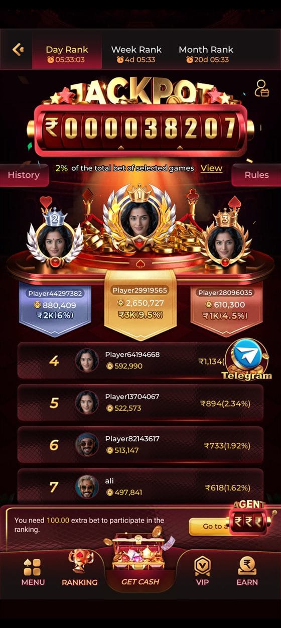 TopOne Game ranking screen with day, week and month jackpot leaderboards