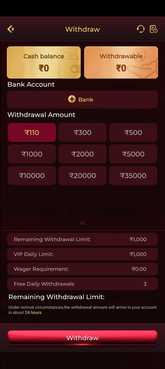 TopOne app withdraw screen with bank account slot, amount presets and withdrawal limits
